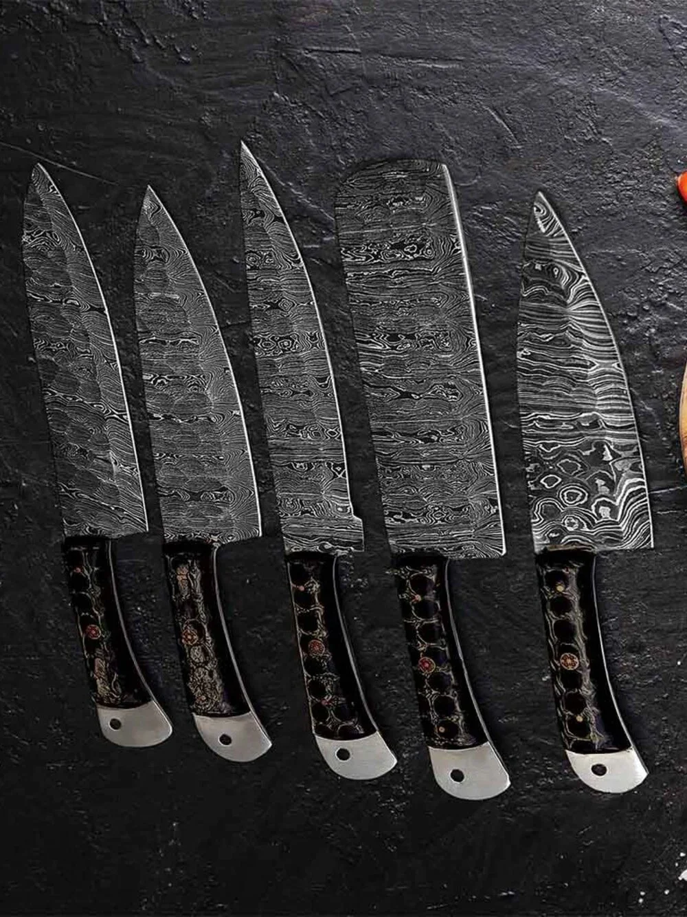 Damascus Kitchen Knife Set 5PC Blue Resin Handle Chef Knives